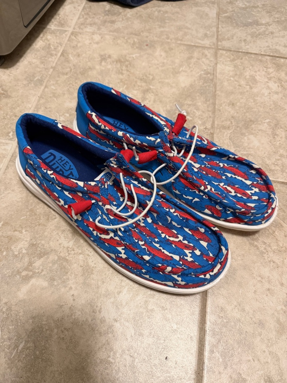Hey Dude Slip-On Boat Shoes in Blue and Red Fish Pattern